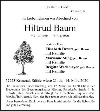 Traueranzeige von Hiltrud Baum von Siegener Zeitung