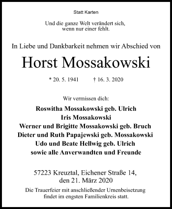 Traueranzeige von Horst Mossakowski von Siegener Zeitung