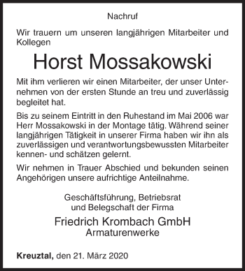 Traueranzeige von Horst Mossakowski von Siegener Zeitung