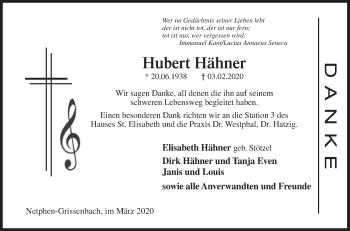 Traueranzeige von Hubert Hähner von Siegener Zeitung
