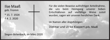 Traueranzeige von Ilse Maaß von Siegener Zeitung