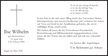 Traueranzeige von Ilse Wilhelm von Siegener Zeitung