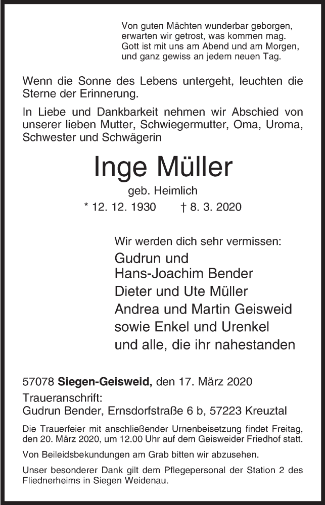  Traueranzeige für Inge Müller vom 17.03.2020 aus Siegener Zeitung