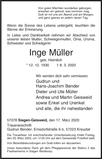 Traueranzeige von Inge Müller von Siegener Zeitung