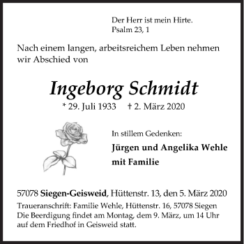 Traueranzeige von Ingeborg Schmidt von Siegener Zeitung