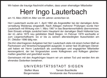 Traueranzeige von Ingo Lauterbach von Siegener Zeitung