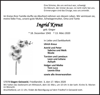 Traueranzeige von Ingrid Kreuz von Siegener Zeitung