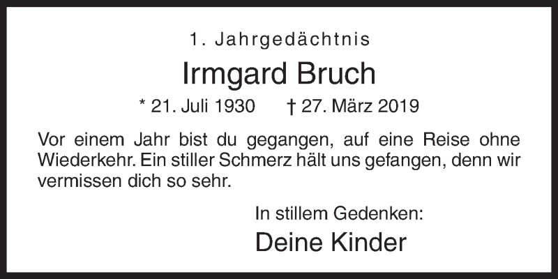  Traueranzeige für Irmgard Bruch vom 27.03.2020 aus Siegener Zeitung