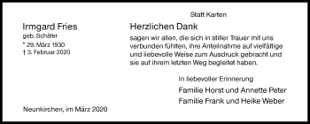 Traueranzeige von Irmgard Fries von Siegener Zeitung