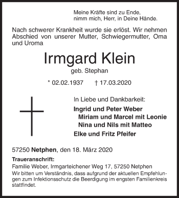 Traueranzeige von Irmgard Klein von Siegener Zeitung