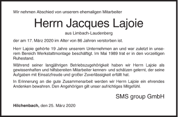 Traueranzeige von Jacques Lajoie von Siegener Zeitung