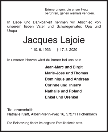 Traueranzeige von Jacques Lajoie von Siegener Zeitung