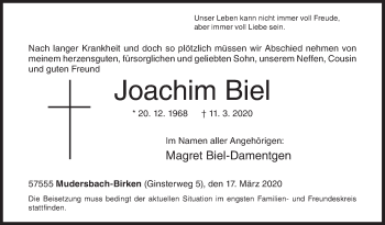 Traueranzeige von Joachim Biel von Siegener Zeitung