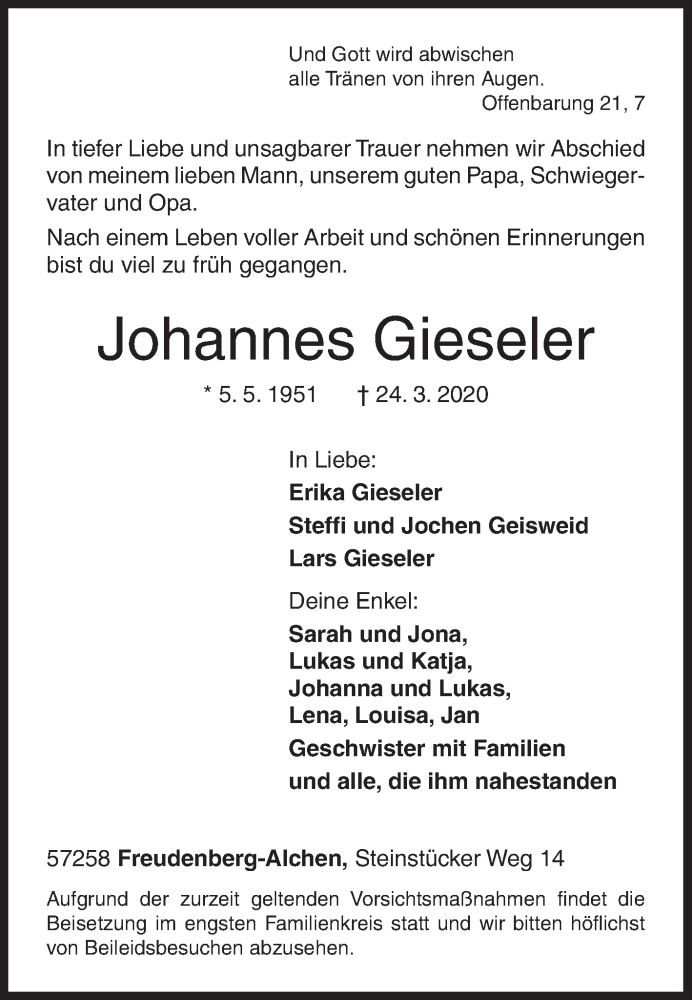  Traueranzeige für Johannes Gieseler vom 28.03.2020 aus Siegener Zeitung