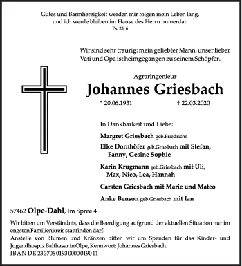 Traueranzeige von Johannes Griesbach von Siegener Zeitung