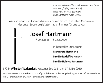 Traueranzeige von Josef Hartmann von Siegener Zeitung