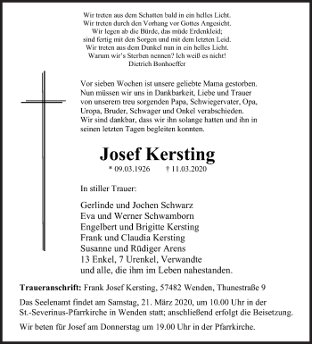 Traueranzeige von Josef Kersting von Siegener Zeitung