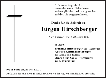 Traueranzeige von Jürgen Hirschberger von Siegener Zeitung
