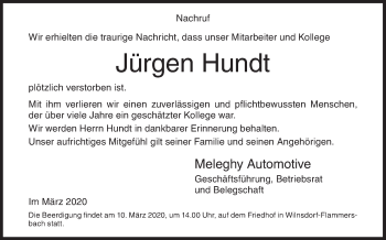 Traueranzeige von Jürgen Hundt von Siegener Zeitung