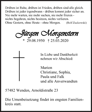 Traueranzeige von Jürgen Morgenstern von Siegener Zeitung