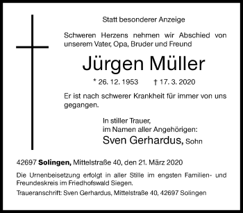 Traueranzeige von Jürgen Müller von Siegener Zeitung