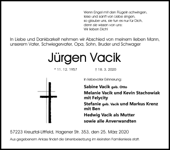 Traueranzeige von Jürgen Vacik von Siegener Zeitung