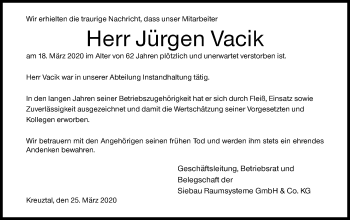 Traueranzeige von Jürgen Vacik von Siegener Zeitung
