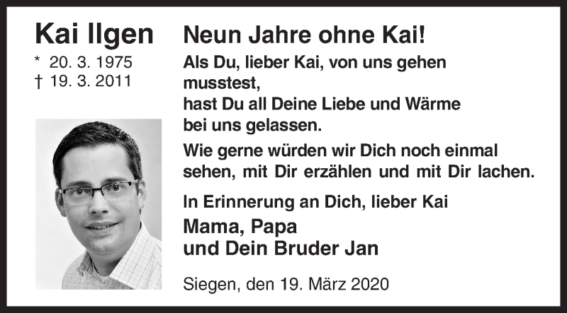  Traueranzeige für Kai Ilgen vom 19.03.2020 aus Siegener Zeitung