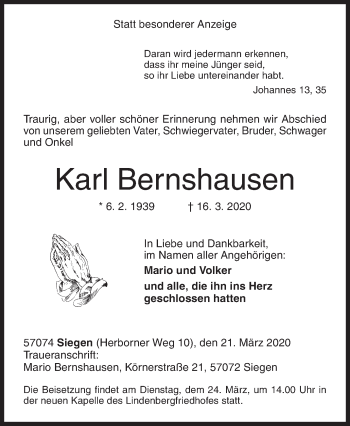 Traueranzeige von Karl Bernshausen von Siegener Zeitung