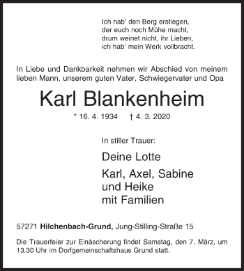 Traueranzeige von Karl Blankenheim von Siegener Zeitung