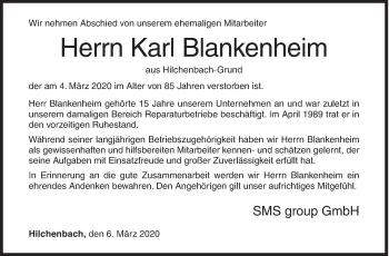 Traueranzeige von Karl Blankenheim von Siegener Zeitung