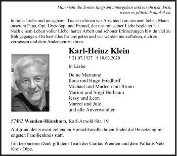 Traueranzeige von Karl-Heinz Klein von Siegener Zeitung