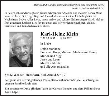 Traueranzeige von Karl-Heinz Klein von Siegener Zeitung