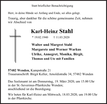 Traueranzeige von Karl-Heinz Stahl von Siegener Zeitung