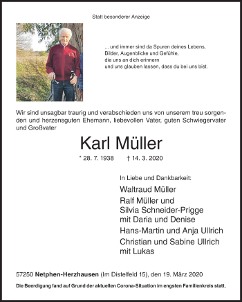 Traueranzeige von Karl Müller von Siegener Zeitung