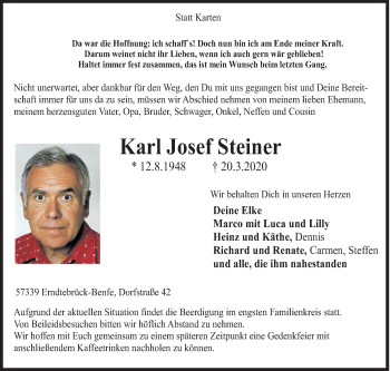 Traueranzeige von Karl Josef Steiner von Siegener Zeitung