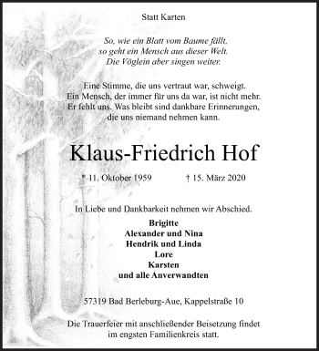 Traueranzeige von Klaus-Friedrich Hof von Siegener Zeitung