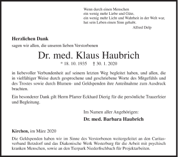 Traueranzeige von Klaus Haubrich von Siegener Zeitung