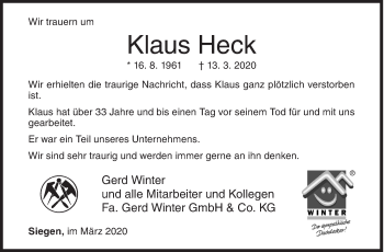 Traueranzeige von Klaus Heck von Siegener Zeitung