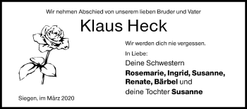 Traueranzeige von Klaus Heck von Siegener Zeitung