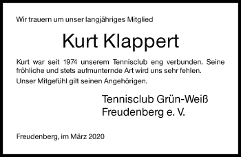 Traueranzeige von Kurt Klappert von Siegener Zeitung