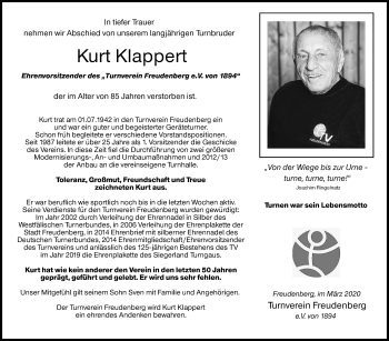 Traueranzeige von Kurt Klappert von Siegener Zeitung