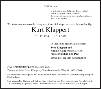 Traueranzeige von Kurt Klappert von Siegener Zeitung