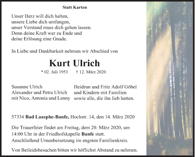 Traueranzeige für Kurt Ulrich vom 14.03.2020 aus Siegener Zeitung