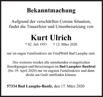 Traueranzeige von Kurt Ulrich von Siegener Zeitung