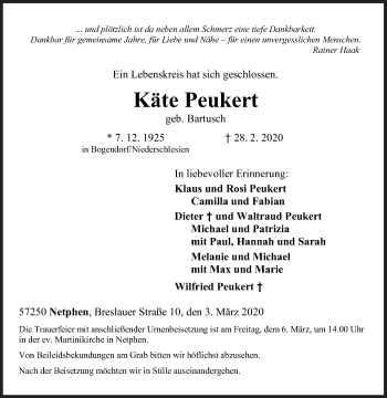 Traueranzeige von Käte Peukert von Siegener Zeitung