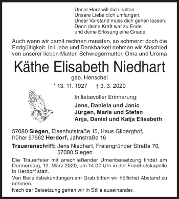 Traueranzeige von Käthe Elisabeth Niedhart von Siegener Zeitung