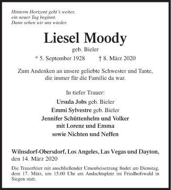 Traueranzeige von Liesel Moody von Siegener Zeitung