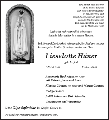Traueranzeige von Lieselotte Häner von Siegener Zeitung