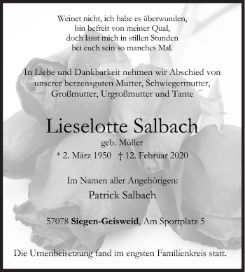 Traueranzeige von Lieselotte Salbach von Siegener Zeitung